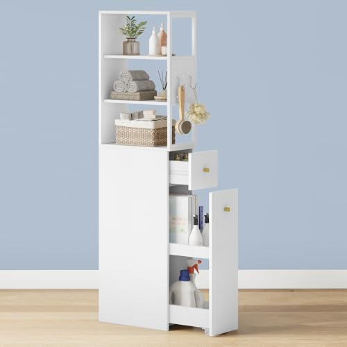 Hzuaneri Badezimmschrank hoch, Nischenschrank, Badschrank schmal, mit Schublade auf Rollen, 3 offenen Regalebrett-Ebenen, Hochschrank, Seitenschrank, 40 x 20 x 140 cm, Weiß, BC32003W