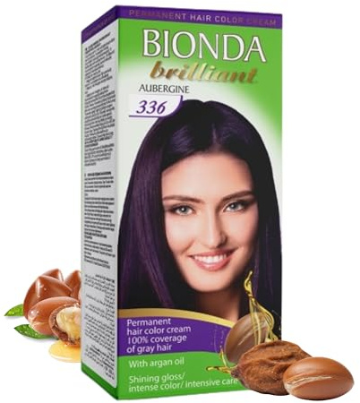 Bionda Brilliant Tinte y coloración permanente 336 berenjena, 100 ml, cobertura 100% de canas, con aceite de argán, fórmula de aceite nutritiva, brillo intenso, raíz y longitudes completas
