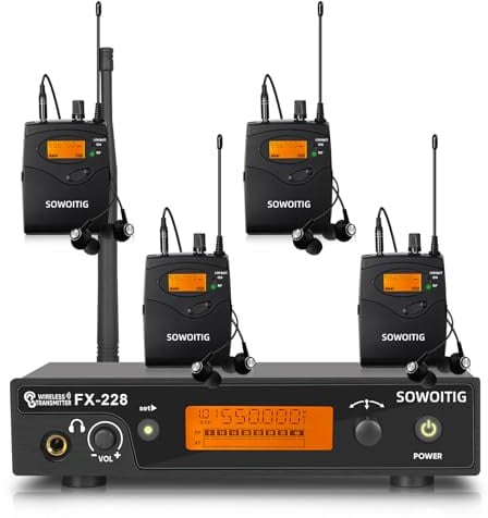 SOWOITIG Sistema de monitoreo inalámbrico in-ear – Sistema UHF IEM profesional (mono) con transmisor de metal montado en rack, 4 receptores con auriculares