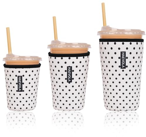 Reusable Insulated Neoprene Iced Coffee Cup Sleeve, Durable Drink Sleeve for Cold Beverages, Beverage Holder for Iced Coffee, Black Polka Dots