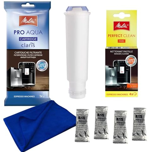 SomosTrade Pflegeset für Melitta Kaffeevollautomaten mit 1 x Filterpatrone Pro Aqua, 1 x Perfect Clean Reinigungstabs (4 Tabletten) und 1 x Mikrofaser Reinigungstuch