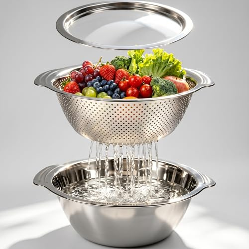 Xygobla 2Pcs Kitchen Colander & Mixing Bowl Set,28cm Stainless Steel Colander Strainer Bowl with Handle and Lid,Kitchen Food Strainer Basket for Draining Pasta,Washing Fruits,Veg and Meal Preparing