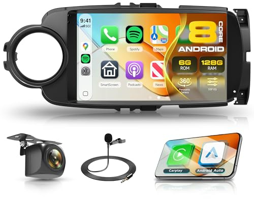 Rimoody 8 Core 6G+128G Android Autoradio pour Toyota Yaris XP130 2012-2017 Sans Fil Carplay Android Auto GPS Navi WiFi 360° Panorama, 9 Pouces Écran Tactile Radio Bluetooth FM/RDS/DSP/SWC Caméra Recul