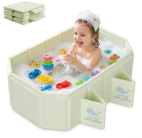 Bañera plegable para bebés y niños pequeños de 0 a 6 años, bañera plegable para ducha y baño, bañera infantil con 4 patas estables y doble desagüe, ahorra espacio y portátil, color verde claro