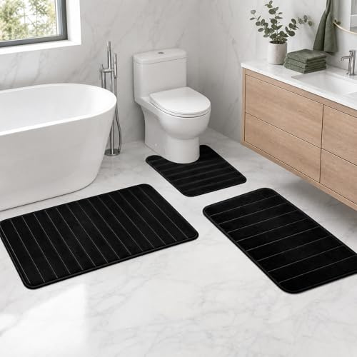 Yongyann 3-Piece Non-Slip Bath Mat Set, U-Shaped Toilet Mat & Shower Rug | Fabric, for Bathroom Floor Water Absorbent Soft Washable