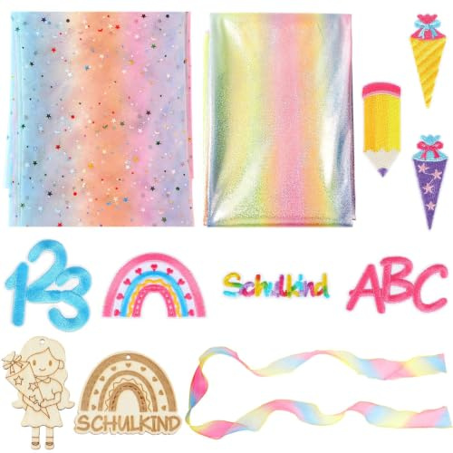AUGSUN Schultüte Bastelset für Mädchen Jungen DIY Schultüte Stoff Regenbogen Set inkl. Tüllstoff 7 Stick-Patches Holzanhänger Geschenkband Einschulung Deko Set für Schulstart 2026