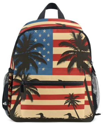 Reiacy Zaino scolastico per bambini, con bandiera americana, motivo albero di cocco, zaino per scuola materna, zaino casual