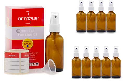 Octopus 10 x Bouteilles en Verre teinté de 50 ML munies de Vaporisateur, Mini-Entonnoir + étiquettes, Flacons pulvérisateurs avec Protection Contre Les rayonnements UV