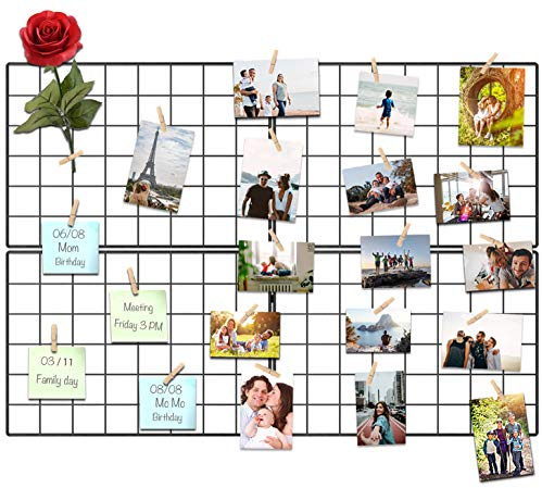 Kakivan Wire Wall Grid Panel for Photo Display, DIY Iron Picture Frames Collage For Hanging Wall Decor, Foldable Multi Pictures Organizer with 12 Clips, 28'' X 22'' Inch.(2 Pack)