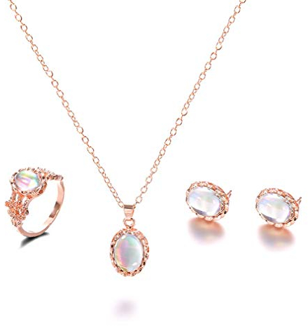 Fliyeong Bohemian Opal Vintage Halskette Ring Ohrringe Set Braut Hochzeitstag Schmuck Set Ring Ohrringe Ohrstecker und Anhänger Halskette für Frauen stilvoll