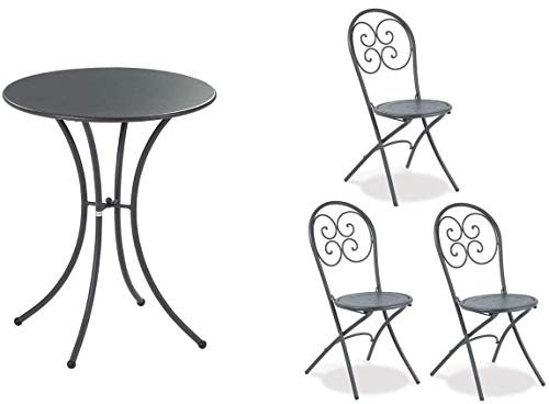 EMU Außentisch Pigalle Durchmesser 60 cm, Art. 905 + 3 Sessel, zusammenklappbar, Art. 904 – Farbe antikgrau