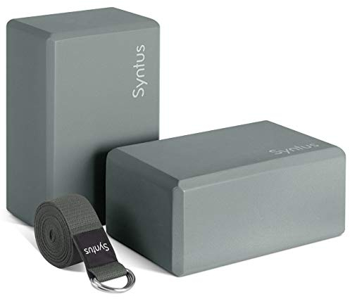 Syntus Yoga-Block und Yoga-Gurt-Set, 2 EVA-Schaum, weich, rutschfest, Yoga-Blöcke, 22,9 x 15,2 cm, 2,4 m, Metall-D-Ring-Gurt für Yoga, allgemeine Fitness, Pilates, Stretching und Toning, grau