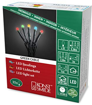 Konstsmide Micro LED Lichterkette, gefrostet, verschweißt, 35 bunte Dioden, 30V Innentrafo, dunkelgrünes Kabel - 6342-520