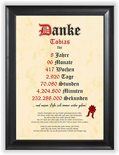 Geschenk zum 8 Jahrestag Partner Partnerin Urkunde Danke Geschenkidee 8 Hochzeitstag