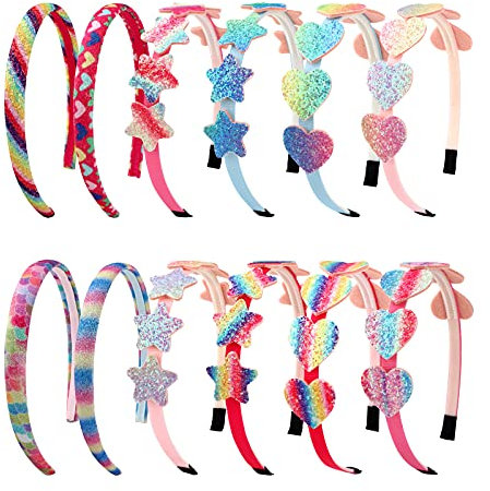 Confezione da 12 cerchietti per ragazze Set di cerchietti arcobaleno Fascia per capelli con cuore glitterato Cerchietti per bambina con stella arcobaleno Fascia capelli con fiocco glitterato Fascia