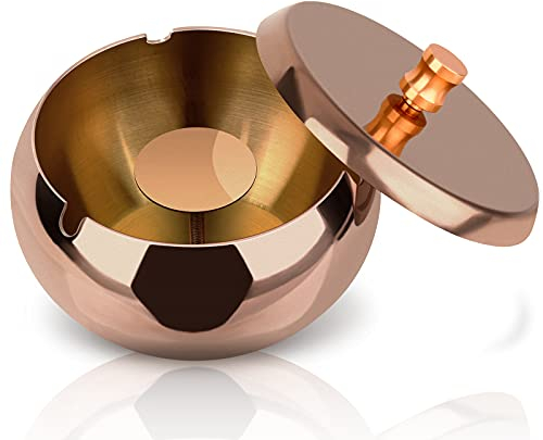 OHFLY Aschenbecher Outdoor mit Deckel, Edelstahl Home Aschenbecher Set für Zigaretten, Cooler Aschenbecher für Draußen und Innen, Groß - Roségold