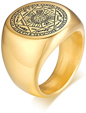 Siegel der Sieben Erzengel Ringe für Männer, Siegel Solomon Pentagramm Siegelring für Papa Ehemann Sohn Talisman Amulett Schmuck Geschenk für Weihnachten Geburtstagsfeier Jubiläum,Gold,Größe 59