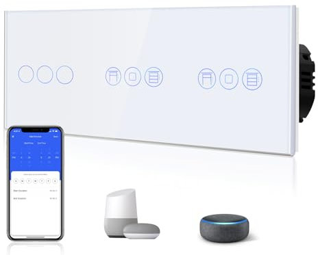 BSEED Interrupteur Tactile Wi-Fi Intelligent 3 Boutons avec Double Interupteur pour store enrouleur, Interrupteur Mural en Verre, Compatible avec Alexa/Google, Blanc