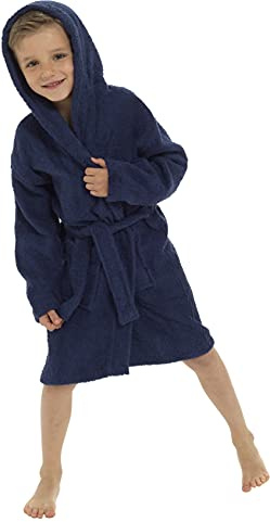Childrens Kids Boys Girls Hooded Towelling Bathrobe Dressing Gown 100% Cotton Terry Towel Soft Towlling 7-13 Years (Navy Blue, 13 Years)