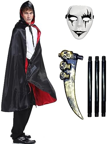 Ecloud Shop Capa con Capucha de Vampiro Disfraz de Capa de Demonio Rojo Negro para Disfraces de Halloween Cosplay Fiesta de Carnaval con Hoz de la Parca - 150cm