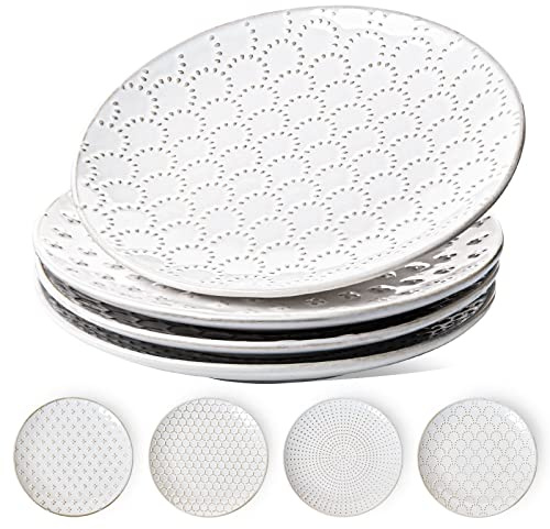 LE TAUCI Ceramic Salad Plates Set, Embossed Appetizer Plates for Kitchen | 20 cm Small Dessert Plates Set of 4 , Microwave & Dishwasher Safe Dinnerware Sets - Arctic White