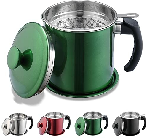 Kyraton Contenitore per grasso di pancetta con colino, contenitore per olio in acciaio inox rivestito di verde metallizzato da 1,4 L, barattolo per la conservazione dei grassi con coperchio