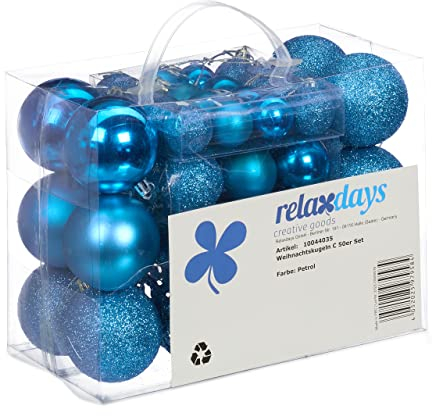 Relaxdays Weihnachtskugeln 50er Set, glitzernde, Matte & glänzende Christbaumkugeln, Kunststoff, ∅ 3, 4 & 6 cm, Petrol