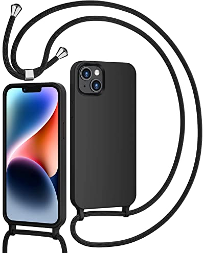 omitium Handykette für iPhone 14 / iPhone 13, Hülle mit Band iPhone 14 Handyband Halskette iPhone 13 Schutzhülle mit Kordel zum Umhängen Durchsichtige Handyhülle Cover TPU Bumper, Schwarz