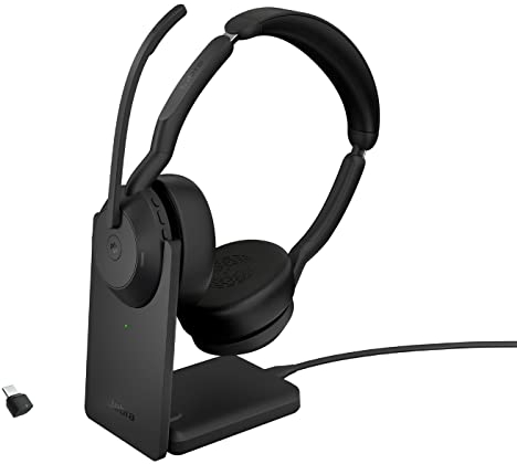 Jabra Evolve2 55 Stereo Wireless Headset with Charging Stand, Air Comfort Technology, Noise-cancelling Mics, Active Noise Cancellation - MS Teams Certified, Works with Other Platforms - Black
