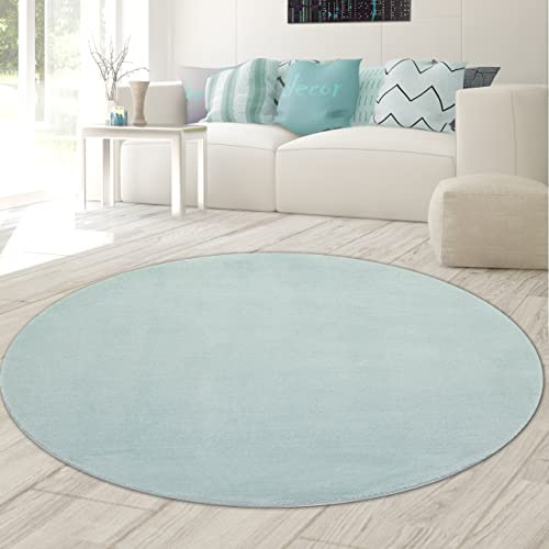 Teppich-Traum Moderner Teppich Rund Waschbar Einfarbig Blau Ø 160 cm | Kuschelig und weich, bis 30 °C waschbar, pflegeleicht, rutschfest, robust, saugrobotergeeignet, Schlaf- & Gästezimmer
