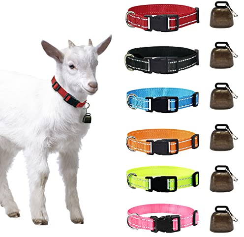 6 Set reflektierende Ziegenhalsbänder mit Glocken, Anti-Verlust-Weideziegenbedarf, verstellbares Nylonhalsband mit lauter Bronzeglocke für kleine Bauernhoftiere, Ziege, Schaf, Pferd, Kuh Zubehör (6