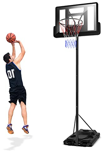 GYMAX Panier de Basket-Ball Réglable en Hauteur de 2,6 à 3,05m avec 2 roulettes, Panier de Basket Extérieur pour Enfants & Adultes sur Pied Remplissable, Panneau Arrière en PVC