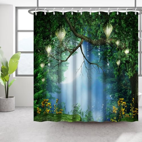 Bovlleetd Fantasia Foresta Tenda da Doccia Luce di Luna Cielo Stellato Tenda da Doccia per Bagno Tranquillo Atmosfera Naturale Lanterne su Magico Albero Tenda da Doccia Accessori 92x183cm
