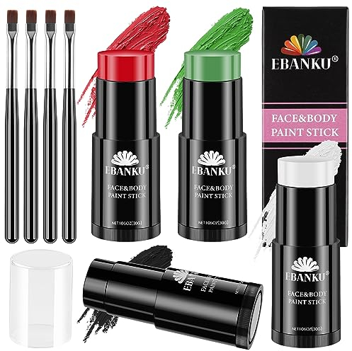 EBANKU Colors Face Body Paint Stick Oil, schwarze Sticks für Sport, Creme Skeleton Joker Mime Foundation Make-up, Gesichtsbemalungsset für Halloween, Kostümparty (Schwarz, Weiß, Rot und Dunkelgrün)