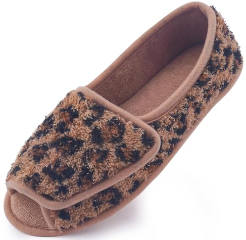 Git-up Donna Morbide Comode Pantofole Casa Calde Leggere e Antiscivolo Ciabatta con Soletta Memory Foam Regolabili diabetiche artrite Edema Piedi Punta Aperta Piatte Slippers, PanteraMarrone 8