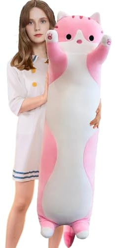 Aiuidun Lange Katze Kuscheltier Stofftiere Katzen Plüsch Kisse Süße Kätzchen Plüschtier Schlafkissen,Weiche Lange Katze Kuschelkissen Geschenk für Kinder Freundin(130cm/51.1inch,Pink)