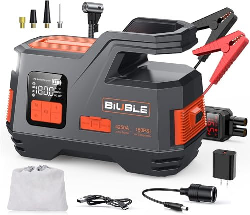 BIUBLE Booster Batterie 4250A, Compresseur d'air 150PSI avec Gonflage Rapide, Gonfleur Pneus Voiture, 12V Démarreur de Voiture (Tout Gaz ou 10L Diesel), Banque d'alimentation avec LED 400 Lumens
