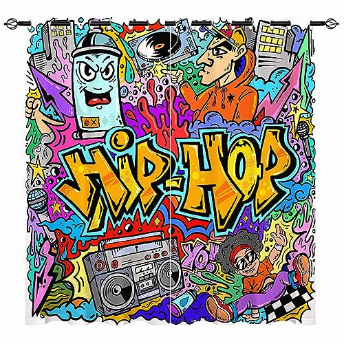 YUANZU Hippie Vorhänge Kinder Bunte Hip Hop Graffiti Doodle Ösen Gardinen mit Blickdichte Vorhang Kälteschutz Blackout Curtain Kinderzimmer Schlafzimmer Verdunkelung Fenster, 2 Stück, H 160 x B 106 cm