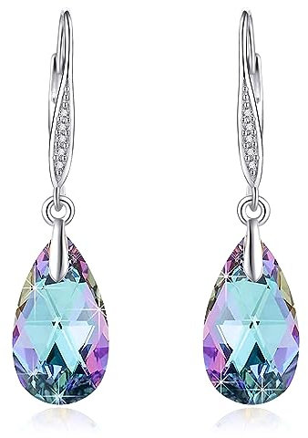 Crystal Teardrop Earrings for Women 925 Sterling Silver Purple Dangle Drop Leverback Earrings Crystal Jewellery Gift for Women Girl