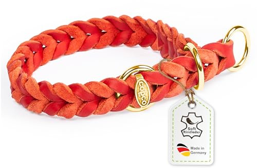 CopcoPet Hundehalsband Würger 35–40 cm x 15mm Rot – Geflochtenes Halsband mit Zugstopp & Messing Ring – Aus robustem Fettleder – Für kleine Hunde – Weiches Lederhalsband fürs Training