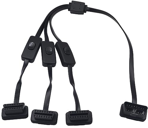 Duttek Câble répartiteur OBDII 1 à 3 Y 60 cm, câble d'extension OBD2, câble d'extension OBD2 16 broches mâle vers femelle, cordon plat OBD2 pour tous les équipements OBD II (avec trois commutateurs)