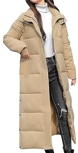 DJFOG Doudoune à Capuche Longue pour Femme, Manteau Chaud d'hiver rembourré, Veste d'hiver Monochrome, Longueur Cheville, Veste matelassée Fendue, Doudoune avec col roulé,Beige,L