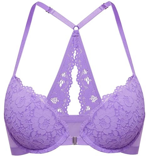 DOBREVA Women's Push Up Front Fastening Bras Racer Back Lace Padded Plunge Underwired Bra Lilac 32B