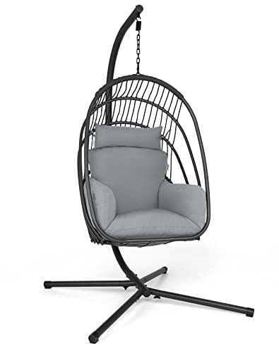 COSTWAY Swing Egg Chair with Stand, Foldable Rattan Hanging Chair with Soft Cushion and Head Pillow, Indoor Outdoor Hanging Egg Basket Seat for Garden Patio Yard Living Room (Grey)