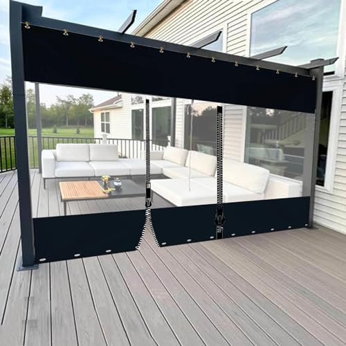 DZHTUF Schwarze Pergola-Vorhänge mit Transparent Seitenteil,0.5mm Vinyl-Paneel vorhänge,1.2x2.2m/2x2.5m Wetterfeste Plane mit Reißverschluss,L×H-5×3m(16.4 * 9.8ft)