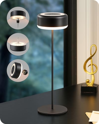 EDISHINE Lampada da comodino senza fili 4 en 1, interruttore tattile, dimmerabile, ricarica magnetica, impermeabile IP54, batteria da 4400 mAh per illuminazione interna ed esterna, nero