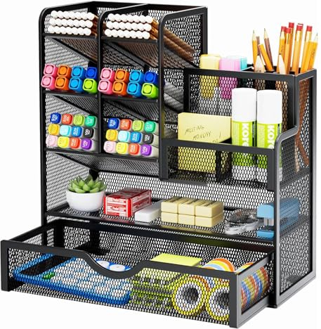 Marbrasse Mesh Desk Organiser,Stationary Organiser,MultiFunctional Pen Holder,Desktop Storage and Drawer for Home Office(Black)