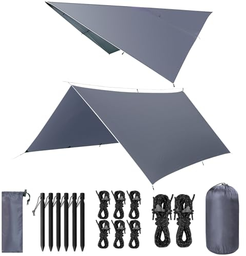 VOSOIR Toldo Camping 3X3M Impermeable, Ultraligero y Portátil Toldo de Refugio, Tienda de Campaña Hamaca, Protección UV, Anti Desgarro, Tarp para Picnic Pesca Camping Senderismo(Gris-Azul)