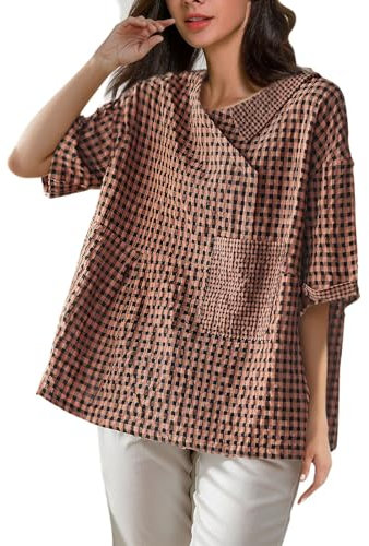 Chemise à carreaux pour femme - Longue - Oversize - Retro-- Vintage - Avec poches - Col en V - Chemise d'été - Boutonnière - Manches courtes - Pour femme - Décontractée et respirante, rouge, XL