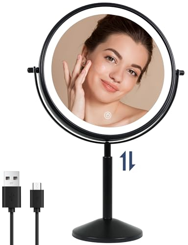 TUSHENGTU 9 Miroir de Maquillage grossissant x 10 avec lumière LED Rechargeable, Hauteur réglable de, Miroir de Rasage sur Pied, Miroir de courtoisie de Bureau Noir 360° (940B10X)